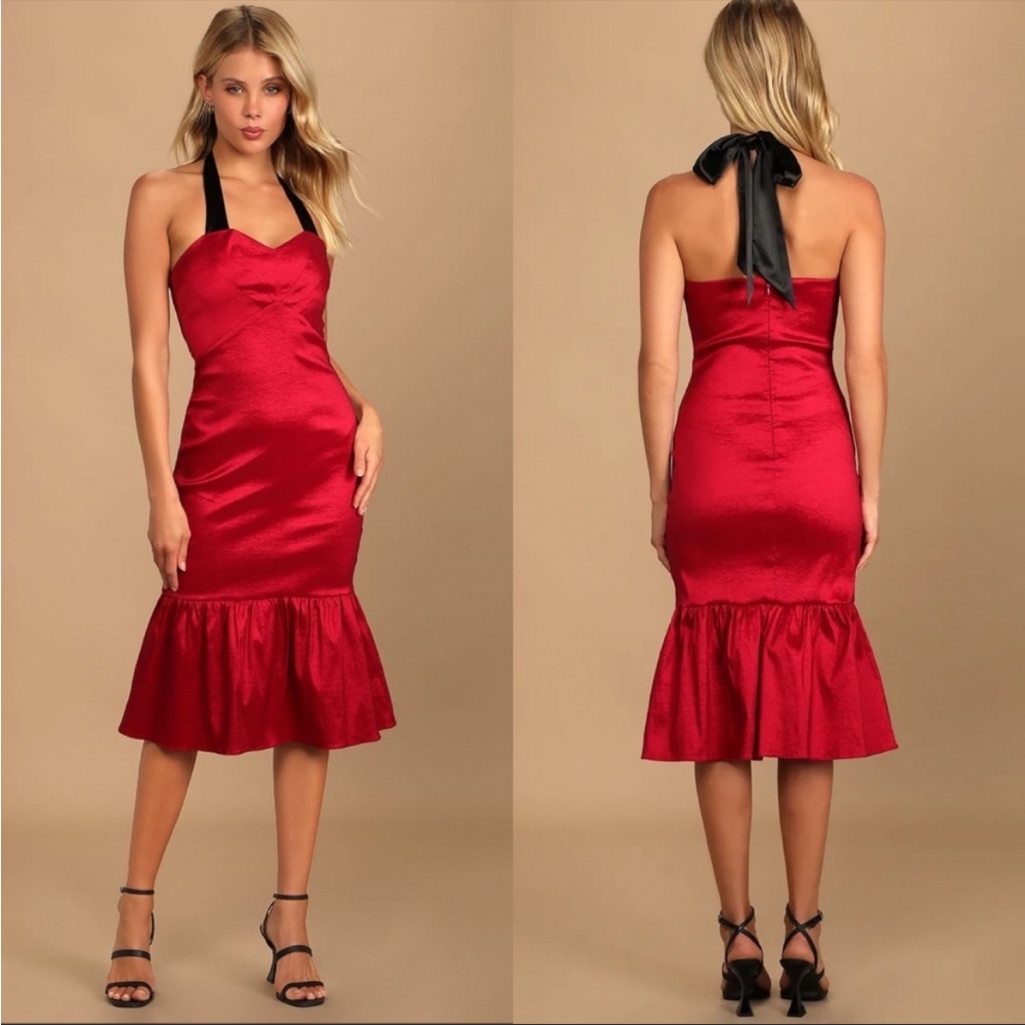 Nwt Lulus Halter Red Trumpet Midi Dress